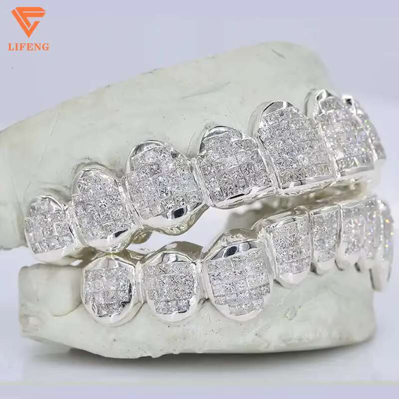 Custom Princess Baguette Cut Invisible Setting Pass Diamond Tester VVS Moissanite White Gold 925 Silver Grillz for Teeth Jewelry