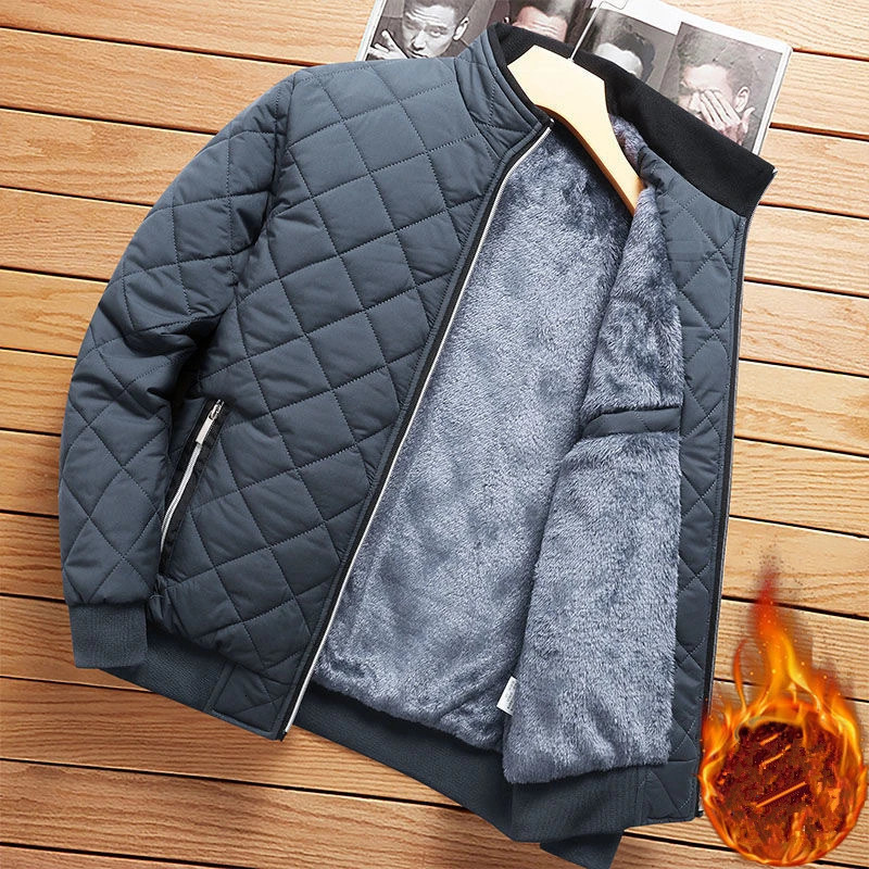 Autumn Winter Bomber Jacket Men Diamond Pattern Fleece Lined Casual Jacket Men Fashion Clothing Slim Fit Coat 251105