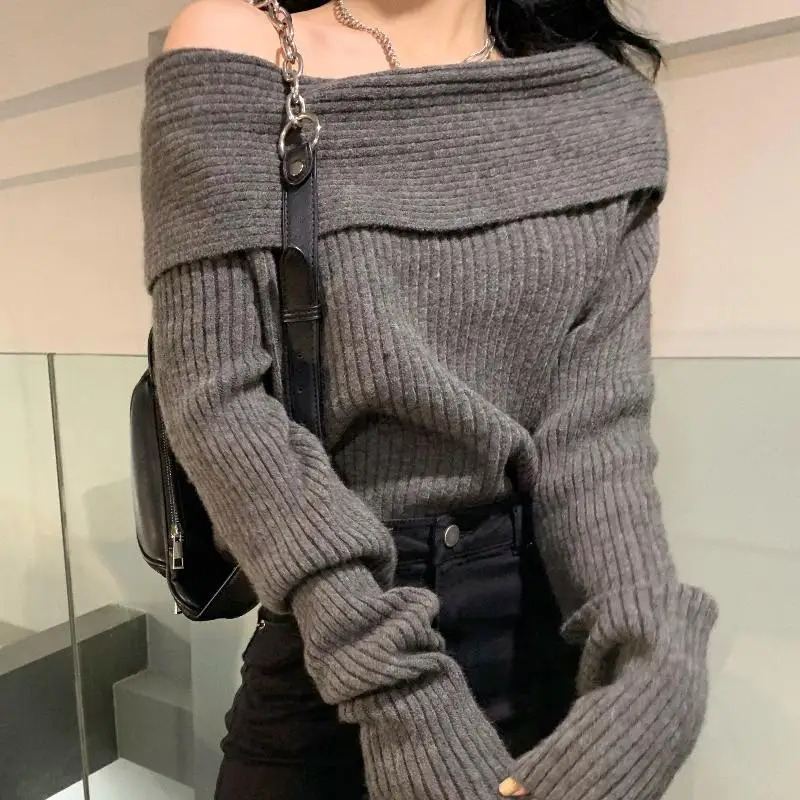 Off Shoulder Sexy Pullovers Sweater Women Autumn Winter Fashion Long Sleeve Knitted Sweaters Women Slash Neck Casual Knitwear 251105