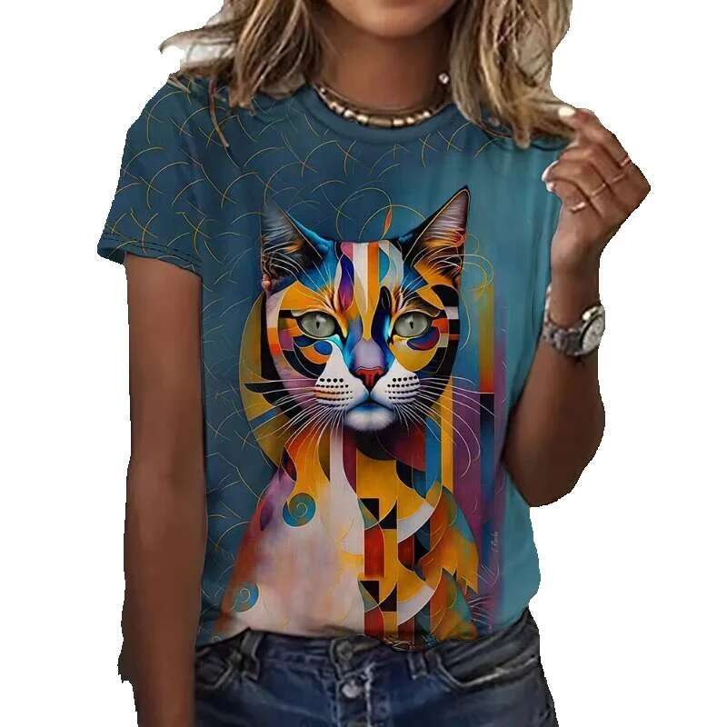 Men's women's short sleeved round neck T-shirts, 3D printed Kawaii cat and dog casual wear