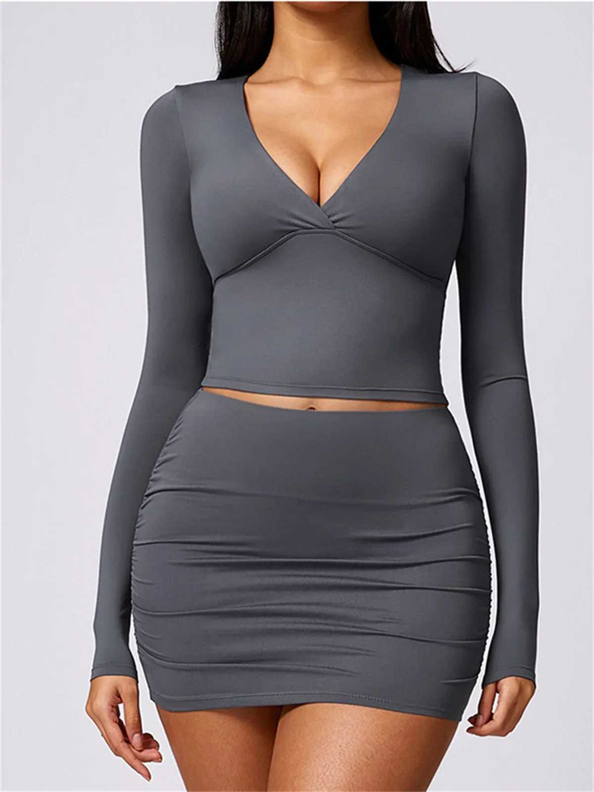Yoga shirt womens black gray V-neck long sleeved mat gym top sexy weight loss breathable exercise T-shirt sportswearXJ250410