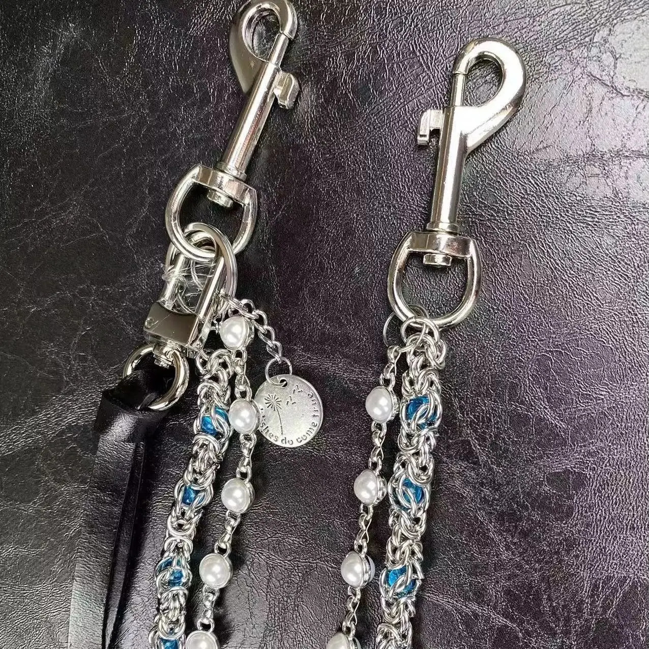 Hip hop punk style denim chain fashionable doublelayer bead n keychain accessory 250410