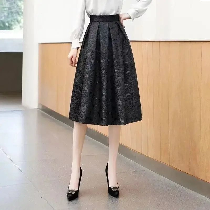 Black Rose Flower Retro Elegant High Waist Ball Dress Loose Womens Skiing Knee Long Sleeve Fashion Clothing 250410