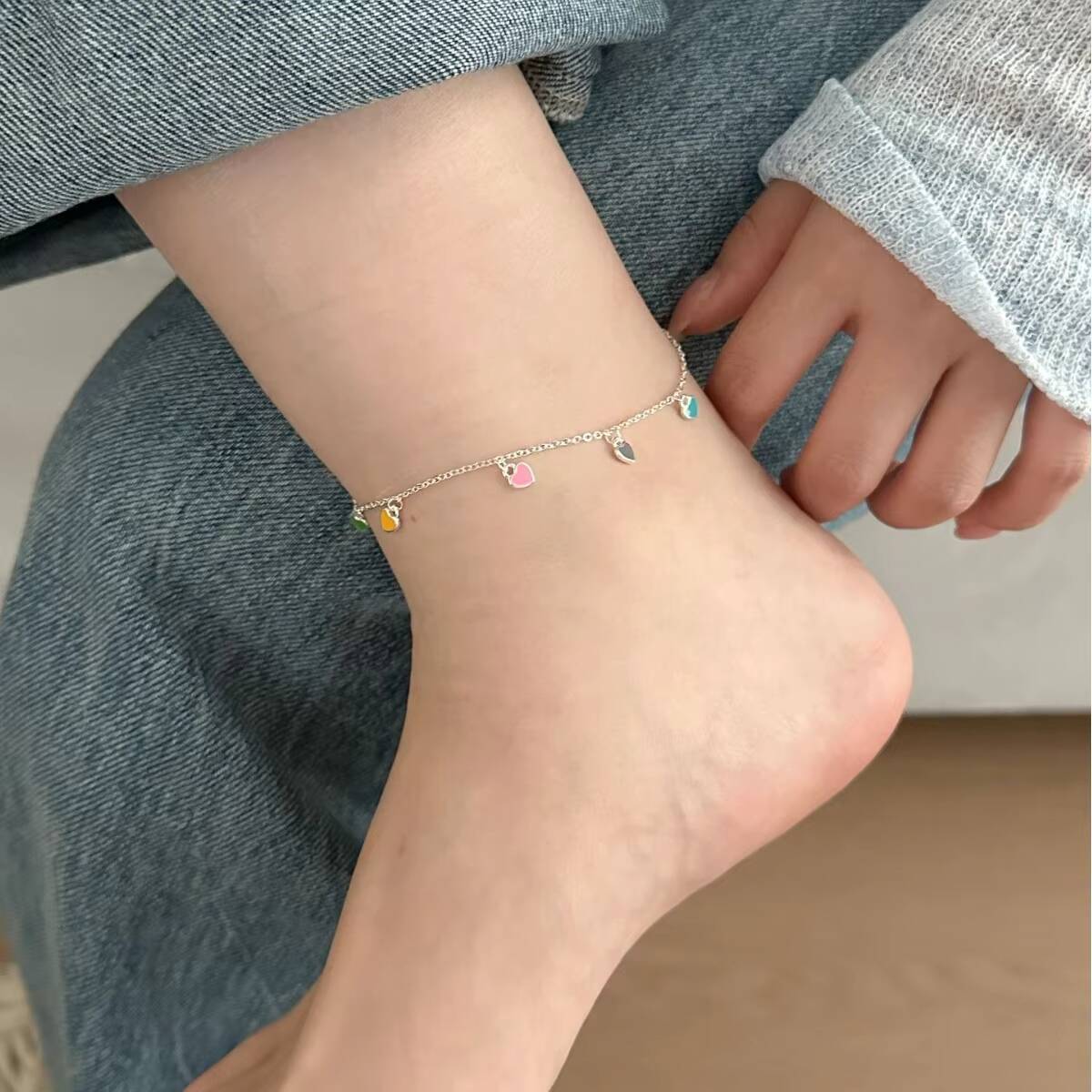 Dainty Small Heart Charm Anklet Colorful Enamel Solid 925 Sterling Silver Anklet