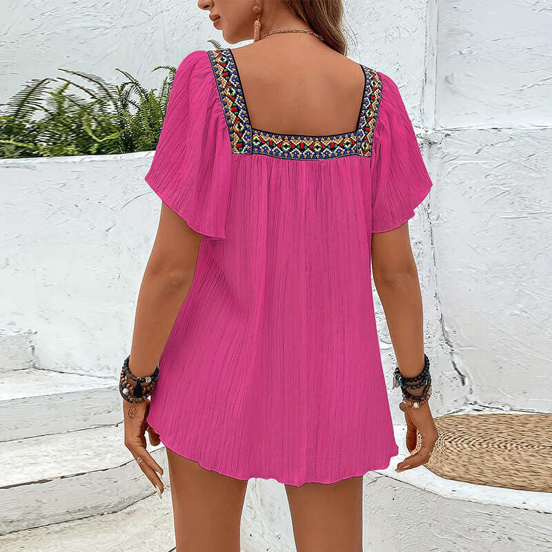 Cross-Border Foreign Trade European and American Summer Vacation Lace Embroidery Square Neck Shirt Pullover Ruffle Short Sleeve Backless Blouse Women&