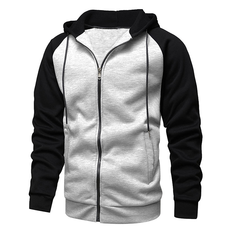 Youth Trend Side Seam Pocket Color Block Zipper Jacket Fleece Lined Men's Hoodie Sweatshirt Plus Size Casual Top