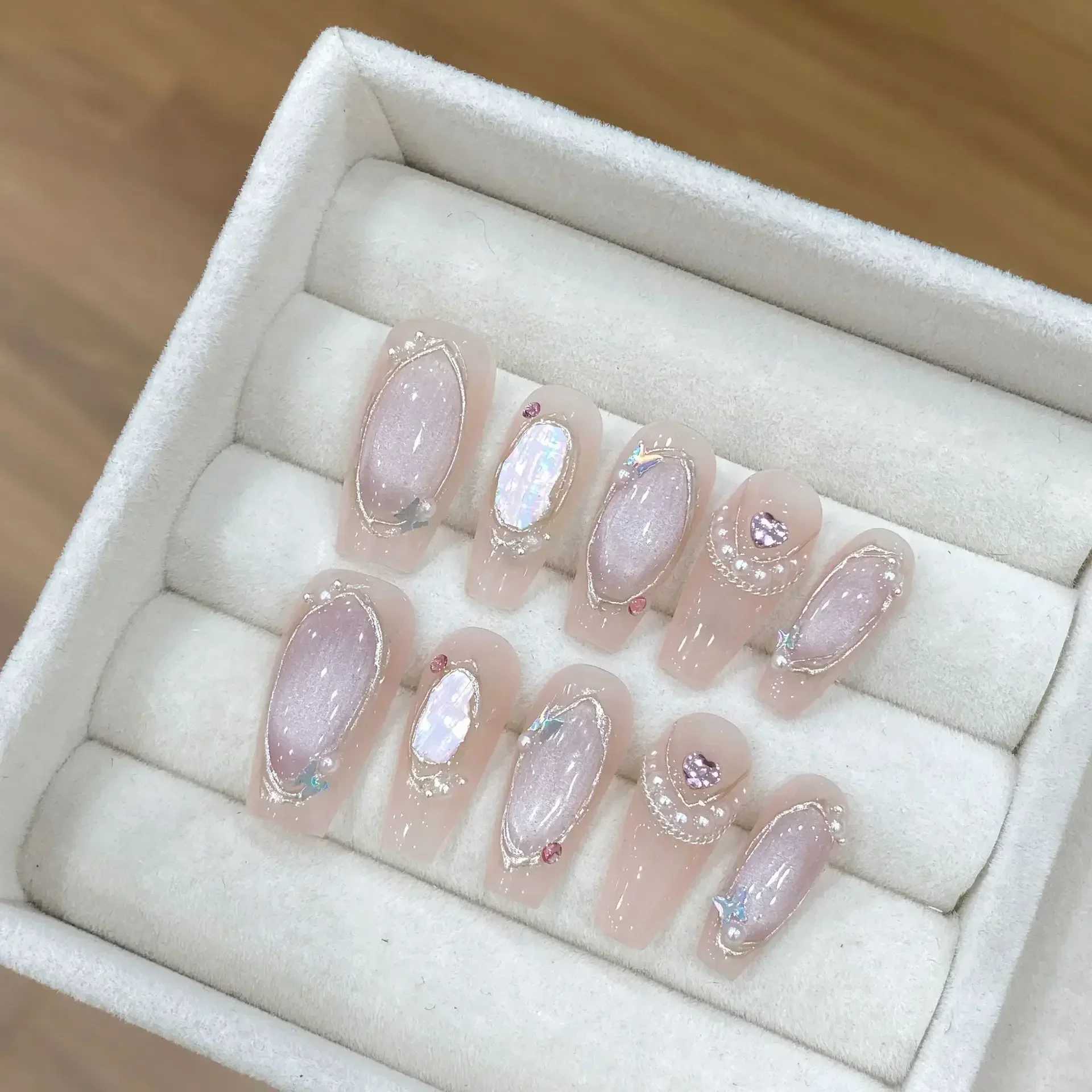 0pcs hand pressed long ballet blue fake nails with 3D ocean moon rhinestone design complete set of nail tips W250410