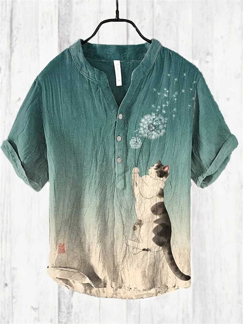 Spring and summer linen blend shirt independent casual cat print Hawaiian style printed shirt X250410