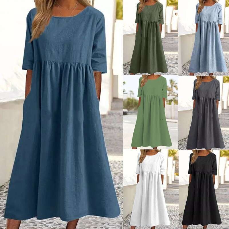 2025 Summer Amazon Independent Station New Cotton Linen Casual Short Sleeve Pocket Ruched Loose Round Neck Dress