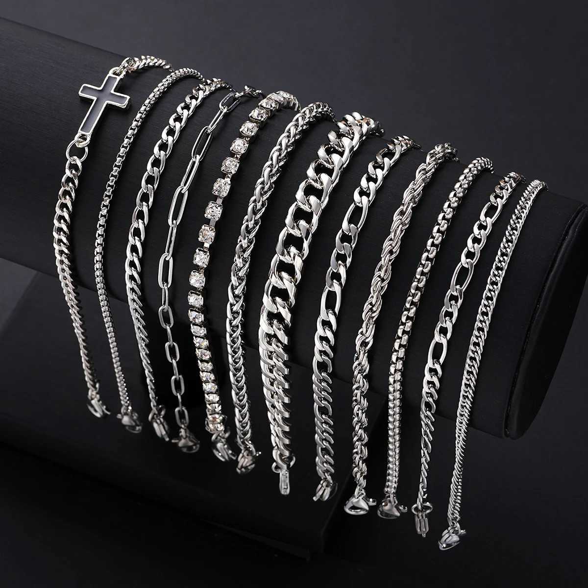 Simple Stylish Punk Hip-Hop Stainless Steel Cross Rhinestones Chain Bracelet Set for Men Women Vacation Date Casual Jewelry GiftT251110