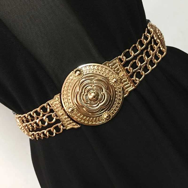 Womens floral elastic gold chain strap Fem waist gold metal flower design strap Womens dress elastic Cummerbundles X250410
