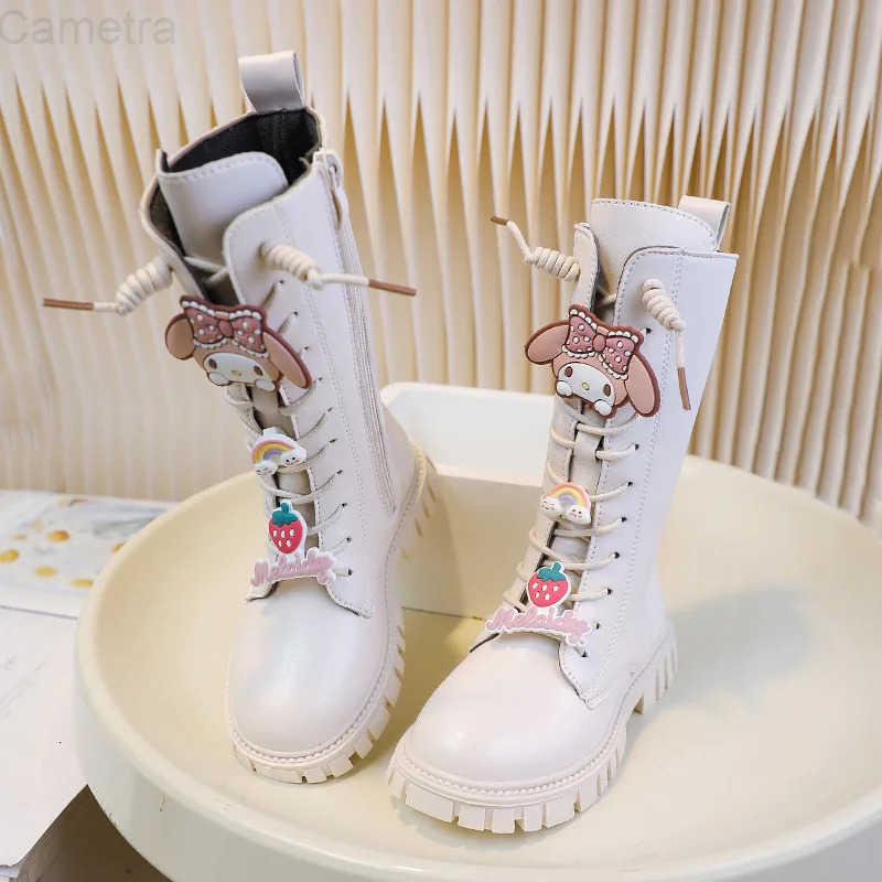 Sanrio New Fashion Cartoon Children Shoes Kuromi Girls Long Leather Boots Soft Soled Winter Kids Plus Velvet Cotton Shoes Kawaii H251110