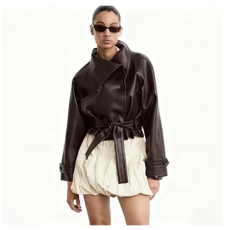 Solid Spliced Lace Up Vintage Leather Jackets for Women Lapel Long Sleeves Patchwork Double Breasted Jacket Female 251103