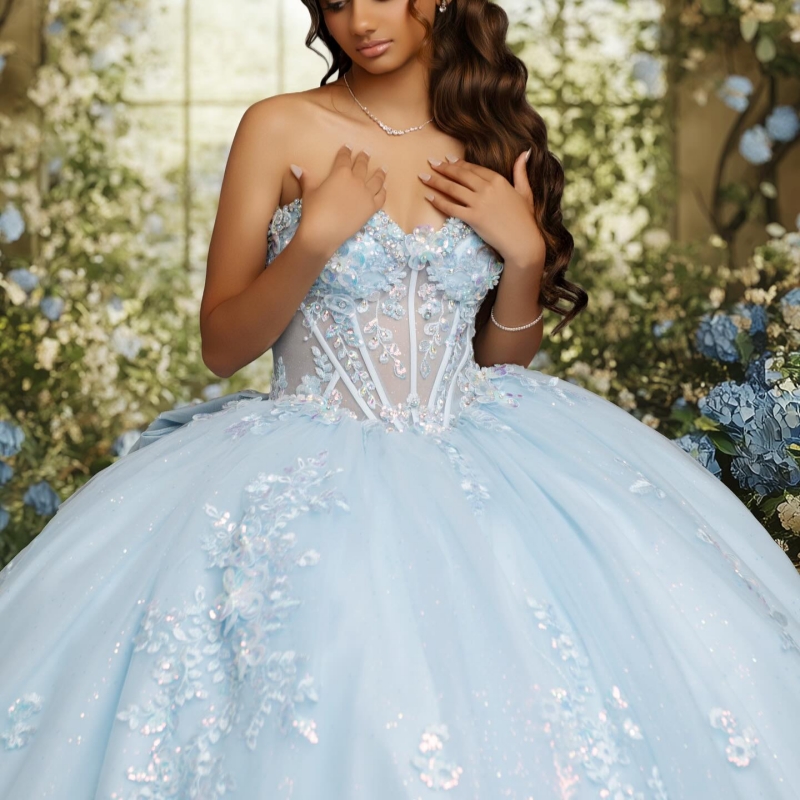 Sky Blue Shiny Quinceanera Dresses Ball Gown Off The Shoulder Applique Lace Beading Crystal Bow Corset Tull Party Birthday Sweet 16 Dress Vestidos 15 