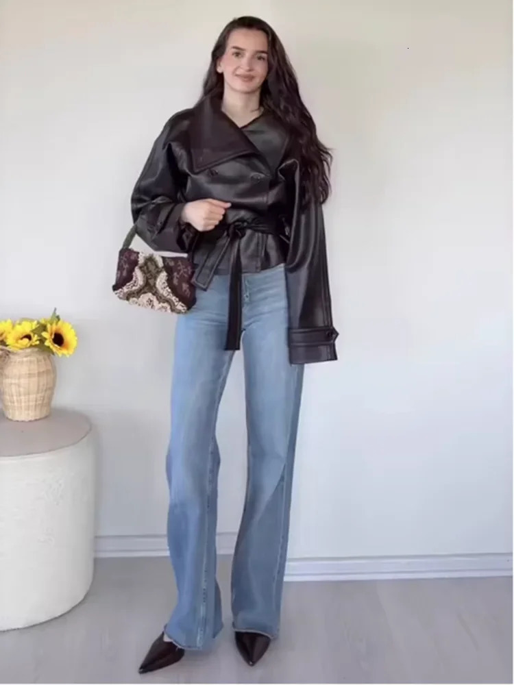 Solid Spliced Lace Up Vintage Leather Jackets for Women Lapel Long Sleeves Patchwork Double Breasted Jacket Female 251103