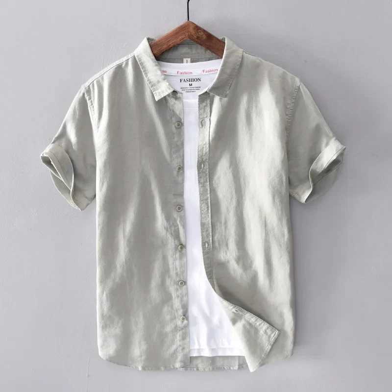 Cotton linen short sleeved mens casual fashion yellow lapel mens summer classic basic clothing X250410