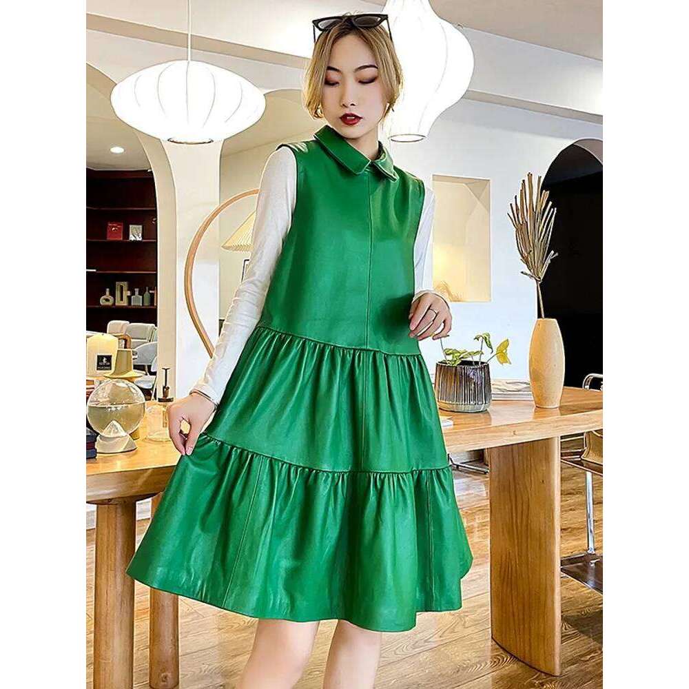 Fashion Spring New Women Sleeveless Sundress Pleated Sheepskin Genuine Leather Dress White Lapel Collar Loose Fit Casual Dresses