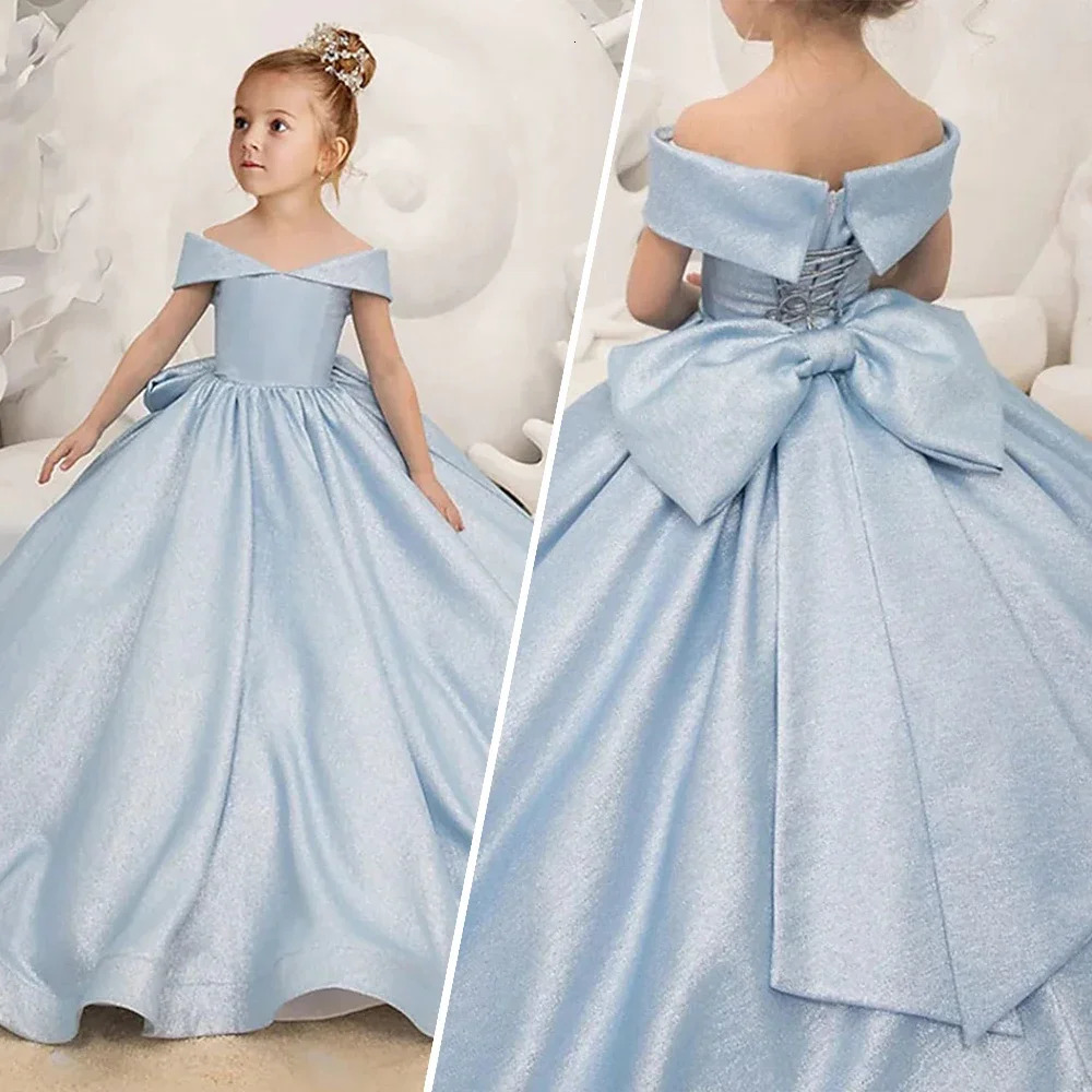 Sky Blue Flower Girl Dress Elegant Bow Shoulder Princess Satin Ball Dress Childrens Birthday Party First Party Dress 250403