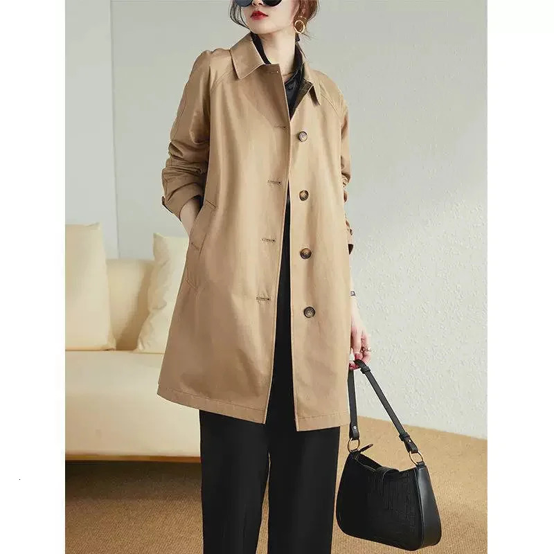 khaki trench coat womens spring and autumn long loose casual windproof jacket 250410