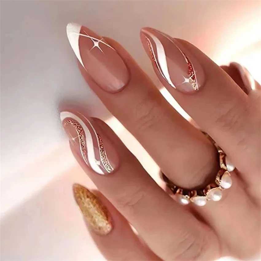 24 pieces/set of black French style fake nails with detachable almond shaped corner braces and perforated fake nails W250410