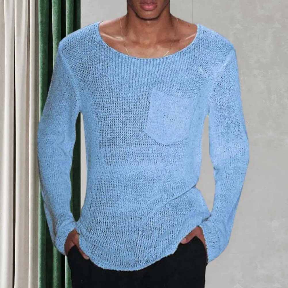 Men Sweater Solid Color Sweater Stylish Mens Hollow Out Knitwear Casual Pullover Sweaters with Thin Loose Fit Solid Color for A 250407