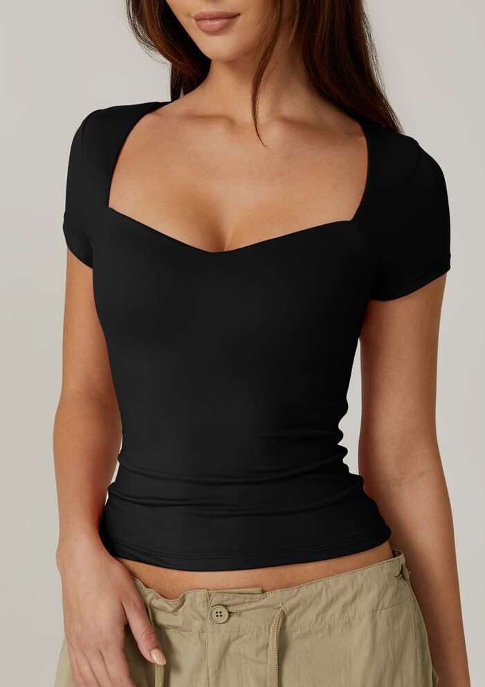 2024 Amazon Cross-Border Women's Heart Neck Short Sleeve T-Shirt Solid Color Slim Fit Basic Fashion Crop Top