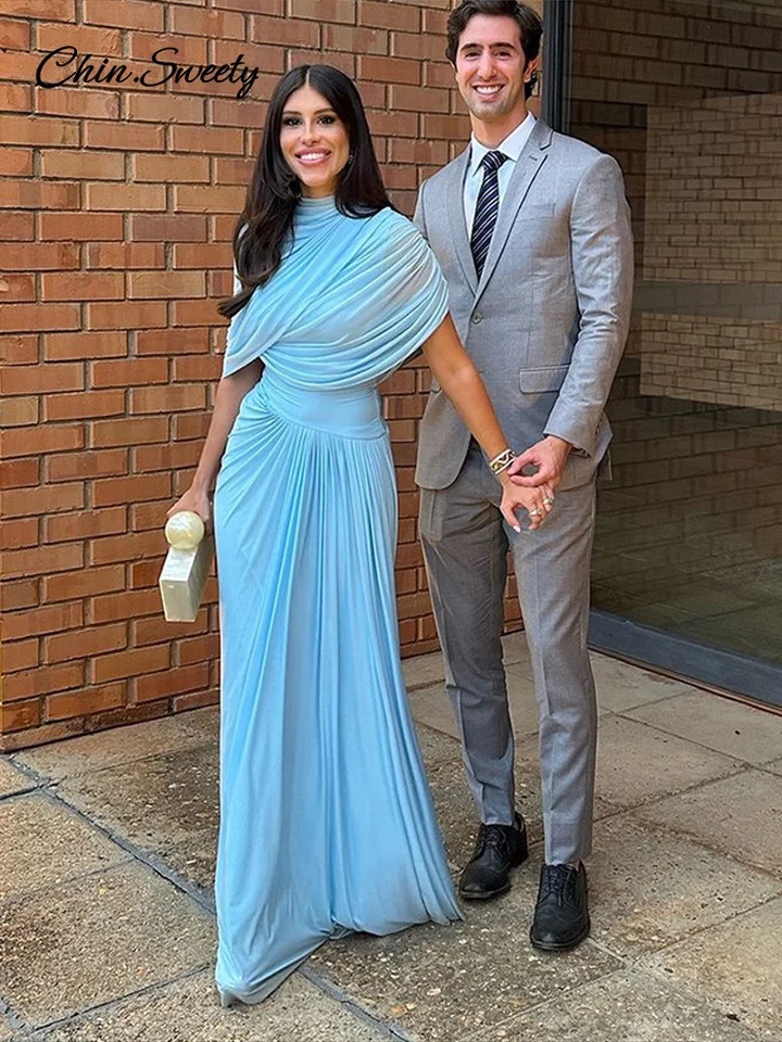 Elegant shawl party long dress chiffon womens asymmetric light blue pleated ultra-thin long dress summer womens evening dance dress 250409