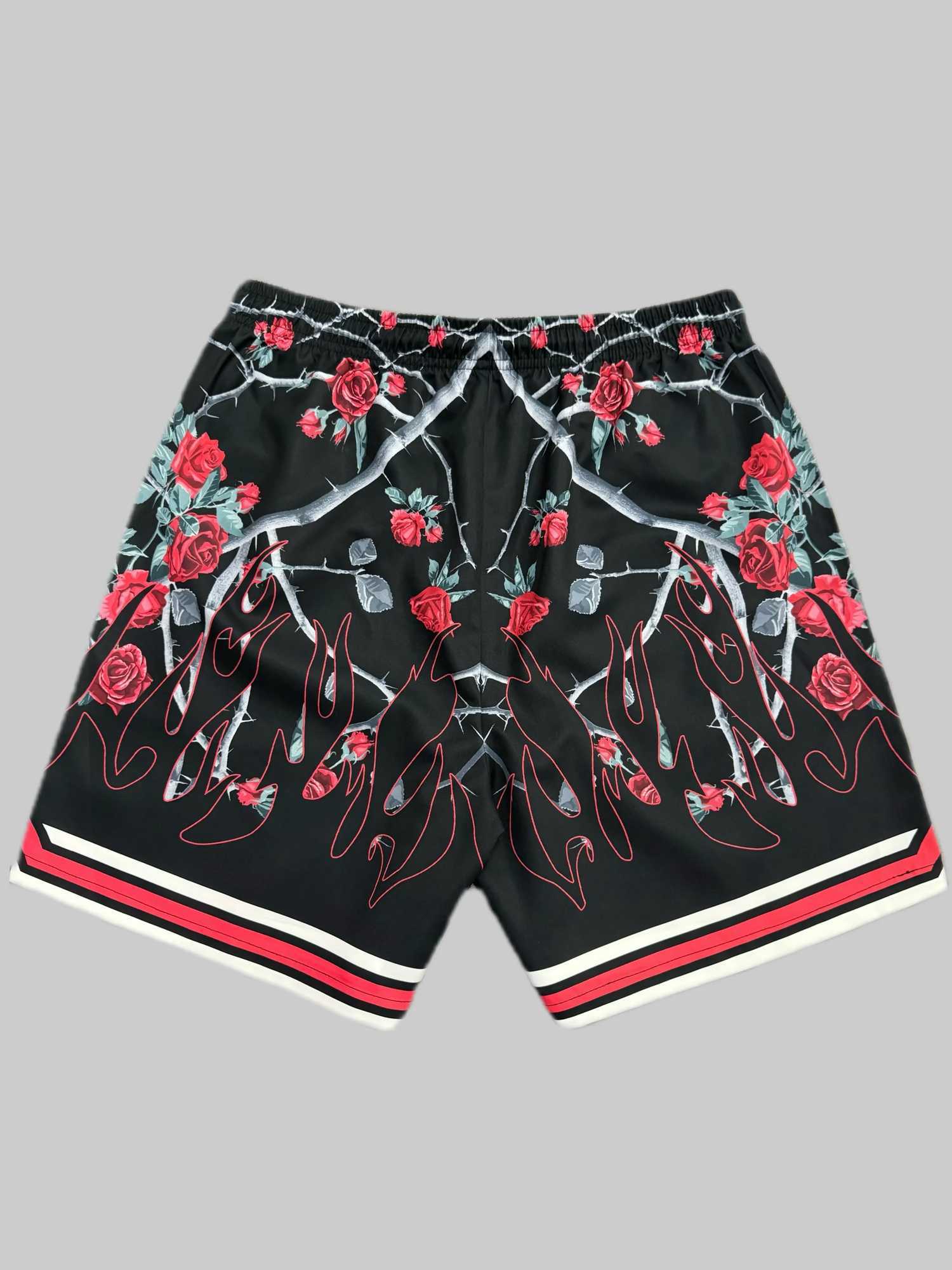 3D fashionable rose and flame printed drawstring shorts with flat top fashionable summer shorts with pockets suitable for basketball sports X250410