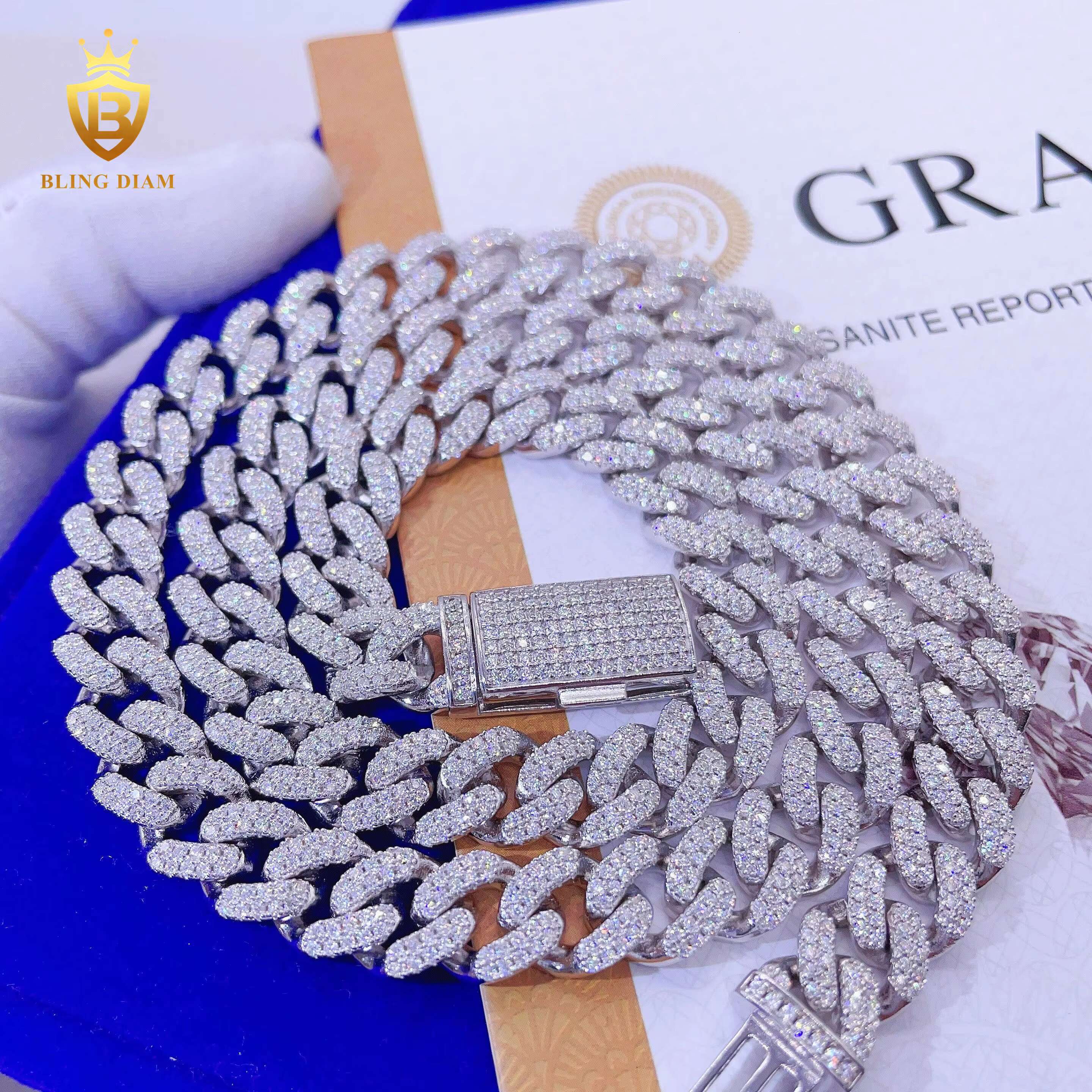 Blingdiam Jewelry Pass Diamond Tester Fashion Men Women 925 Sterling Silver 2rows VVS Moissanite Cuban Link Chain