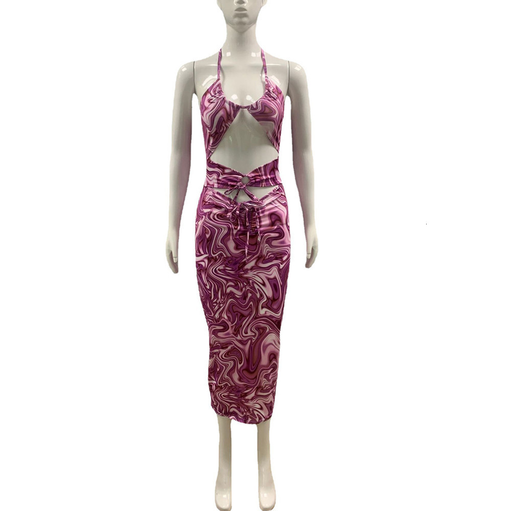 2025 Summer Hot Sale Women's Wear Hanging Neck Open Back Lace up Printed Dress