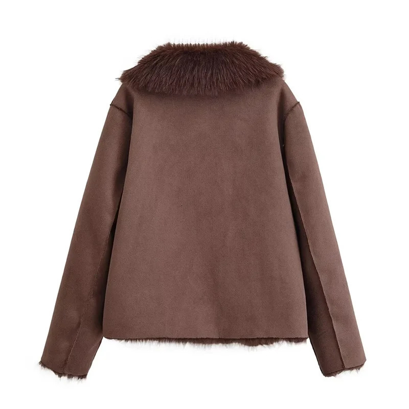Womens Jacket Autumn Style Brown LongSleeve Faux Fur Reversible Warm Coat Elegant and Stylish 251110