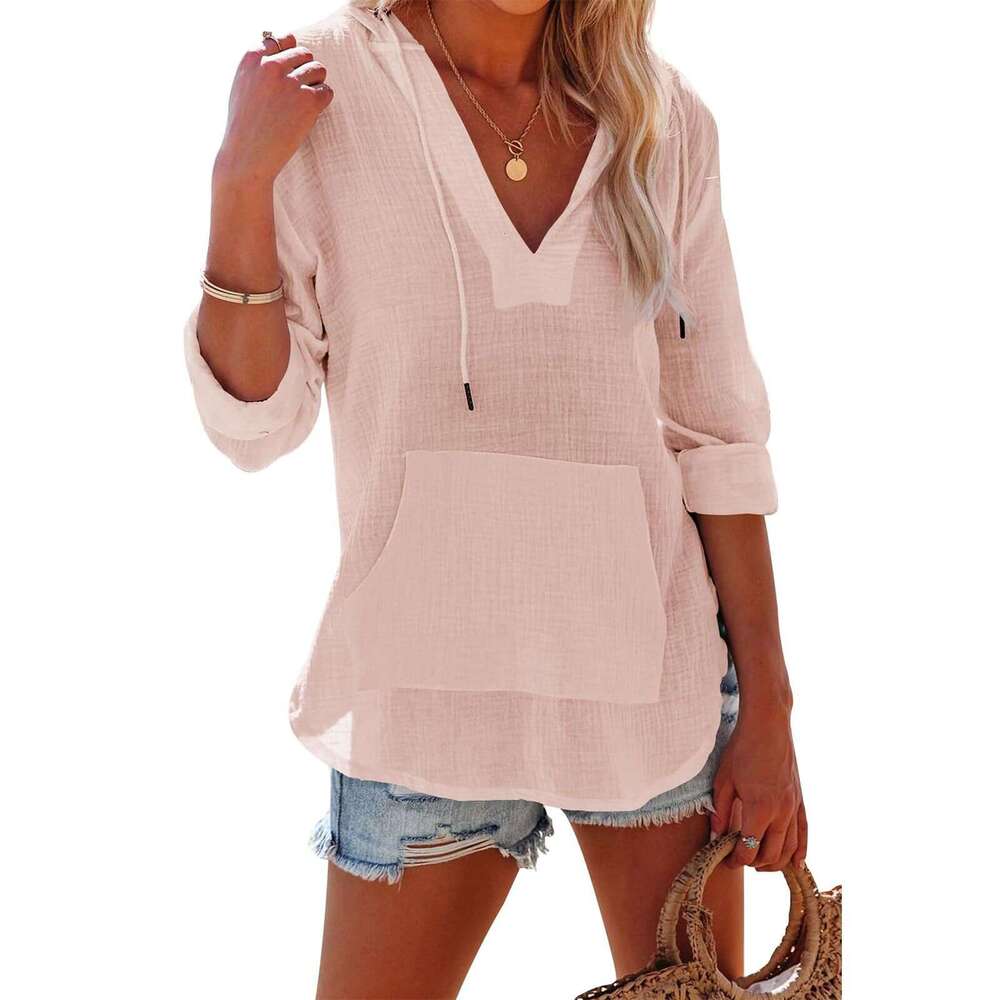 2025 Summer Amazon Beach Cover-Up Hoodie Sports Long Sleeve V-Neck Pocket Hooded Women's Shirt Top