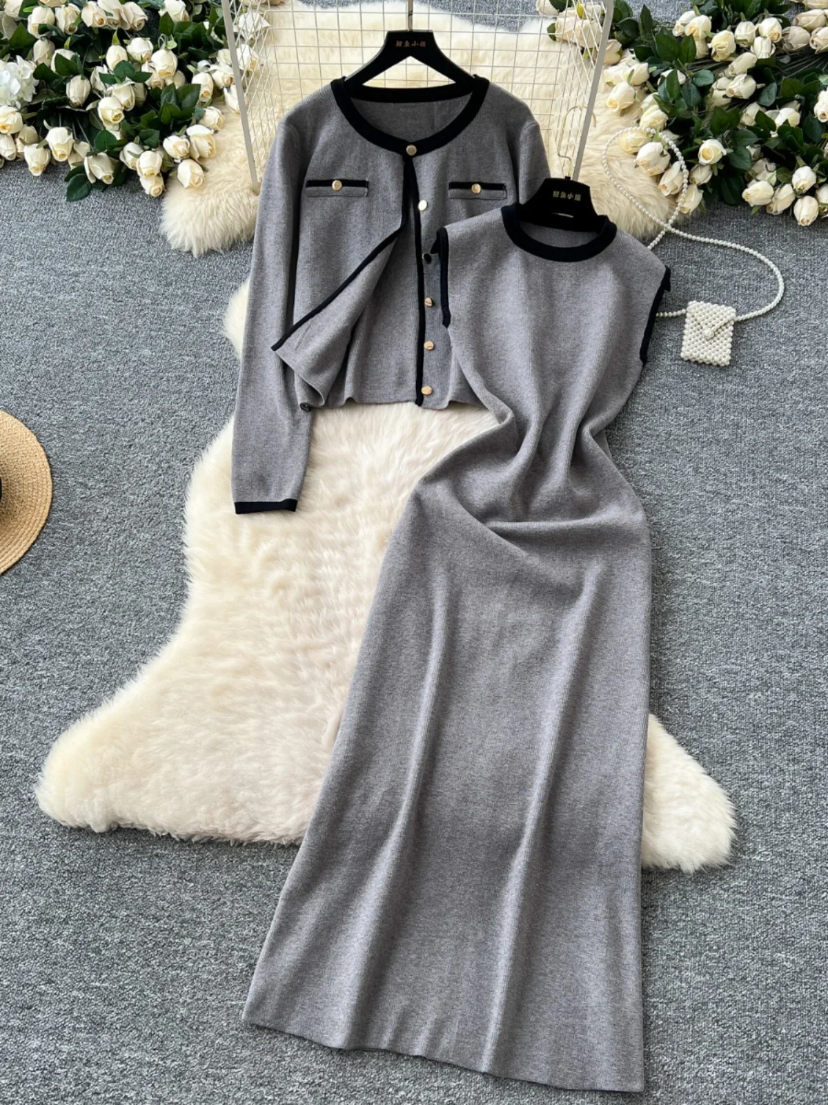 Small Fragrance Woman Sets Hit Color Oneck Long Sleeve Cardigan Sleeveless Tank Dress Spring Autumn Knitted Suit 251110