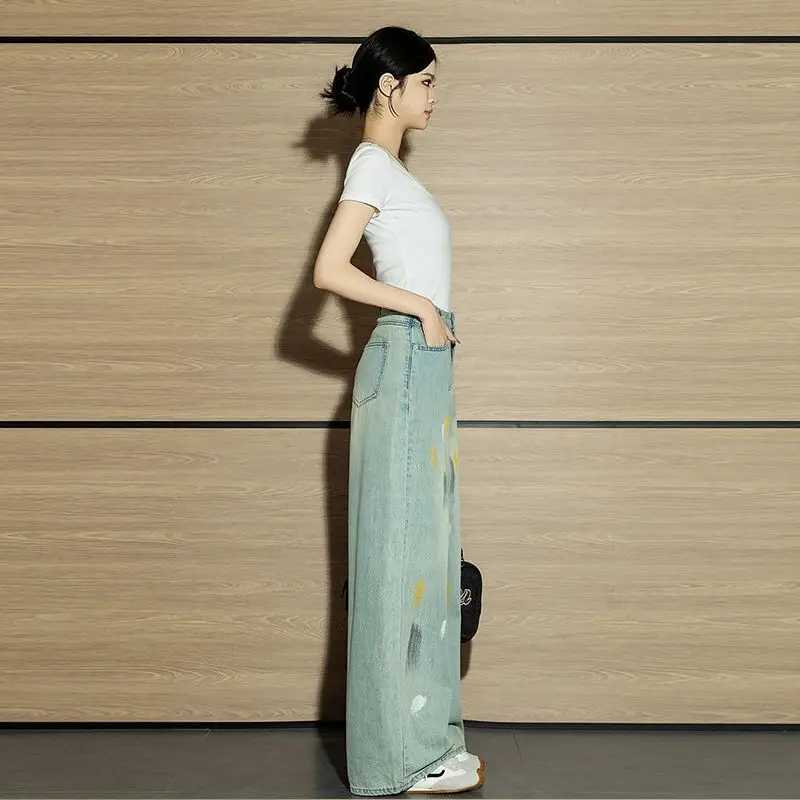 Autumn Fashion Retro Graffiti Womens Jeans Niche Personality Mop Pants High-Waisted Straight Pants Denim Jeans for Woman C251110