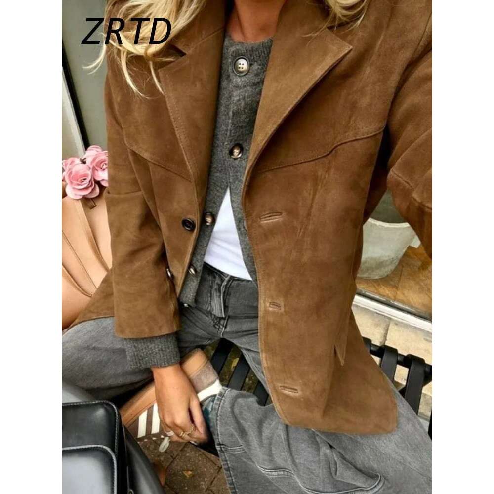 Elegant Women's Suede Jackets Loose Lapel Single Breasted Long Sleeve Female Coats 2025 Spring Lady Street Commute Outwear New