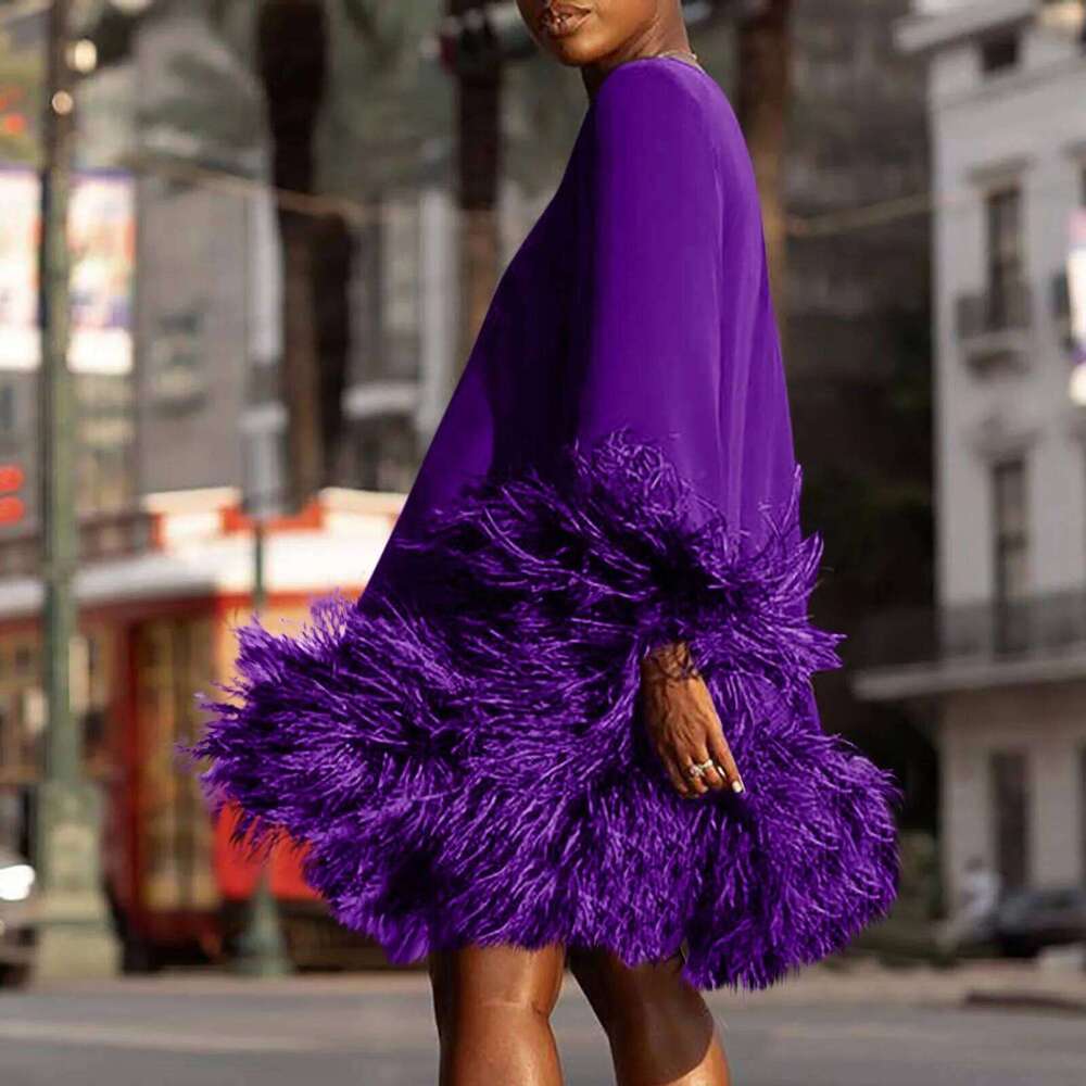 Feather Fur Patchwork Mini Elegant Party Long Sleeve Dress Autumn Winter Women Sexy Personality Y2k Vestidos 2023 Solid