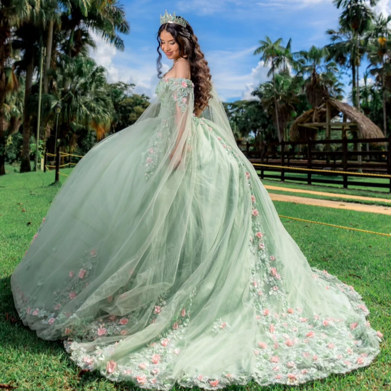Green Shiny Quinceanera Dresses Off The Shoulder Applique Flower Beading Crystal With Cape Tull Party Birthday Sweet 16 Dress Vestidos 15 Anos
