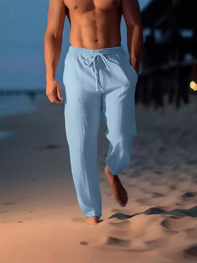 Mens linen pants summer pants beach pants drawstring elastic waist straight tube flat comfortable breathable casual daily wear