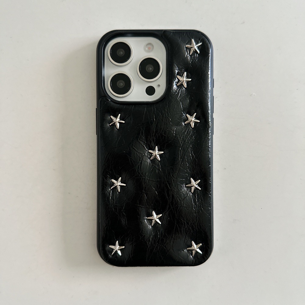Black Oil Wax Leather Pentagram Rivet Phone Case Compatible with iPhone 17/16 Simple Anti-drop iPhone 15/14 Pro Niche