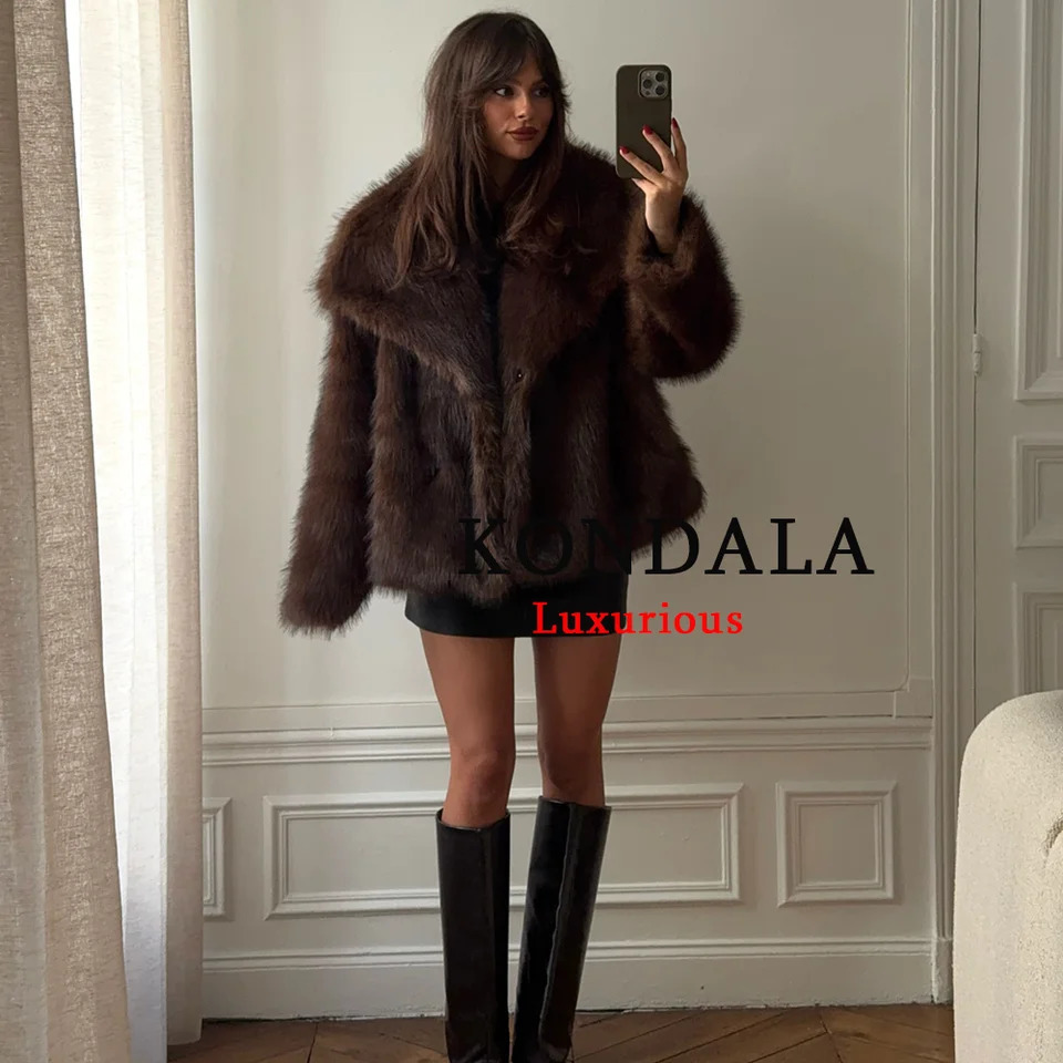 KONDALA Casual Brown Thick Fur Jackets Women Long Sleeve V Neck Autumn Winter Faux Coats Fashion Streetwear Outwears 251110
