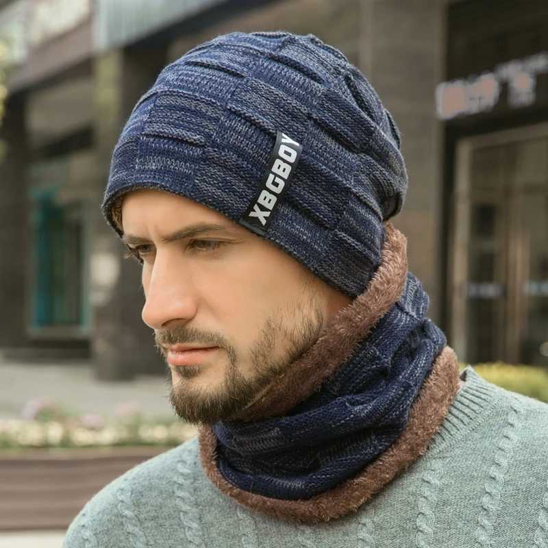 Men Women Winter Hat Scarf Setfor Plus Velvet Pullover Hat Scarf Suit Lined Thick Warm Beanie Hat Outdoor Male Knitted Hat CapsXJ251110