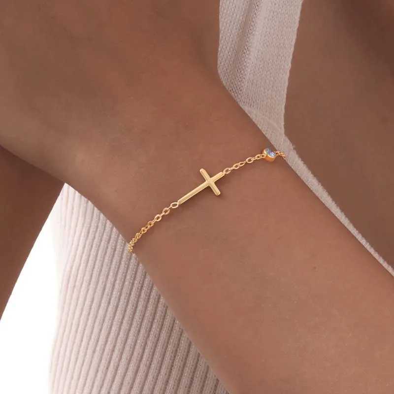 Stainless Steel Gold Color Cross Chain Bracelet for Women Shiny CZ Zircon Charm Hand Bracelet Wedding Jewelry GiftT251110