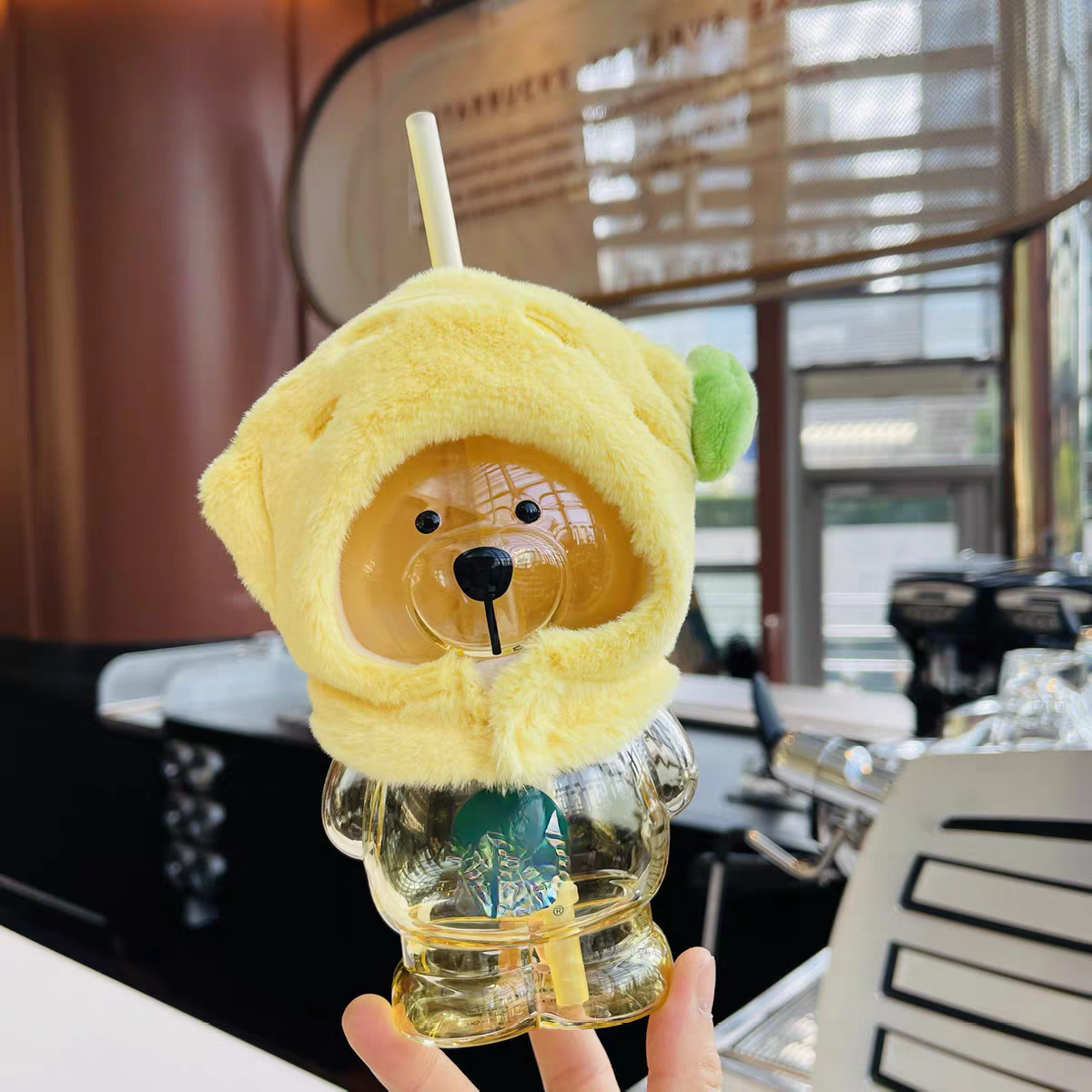 591ML green hat, teddy bear straw cup, lidded glass cup, high-value water cup, Americano coffee cup, cute bear cup