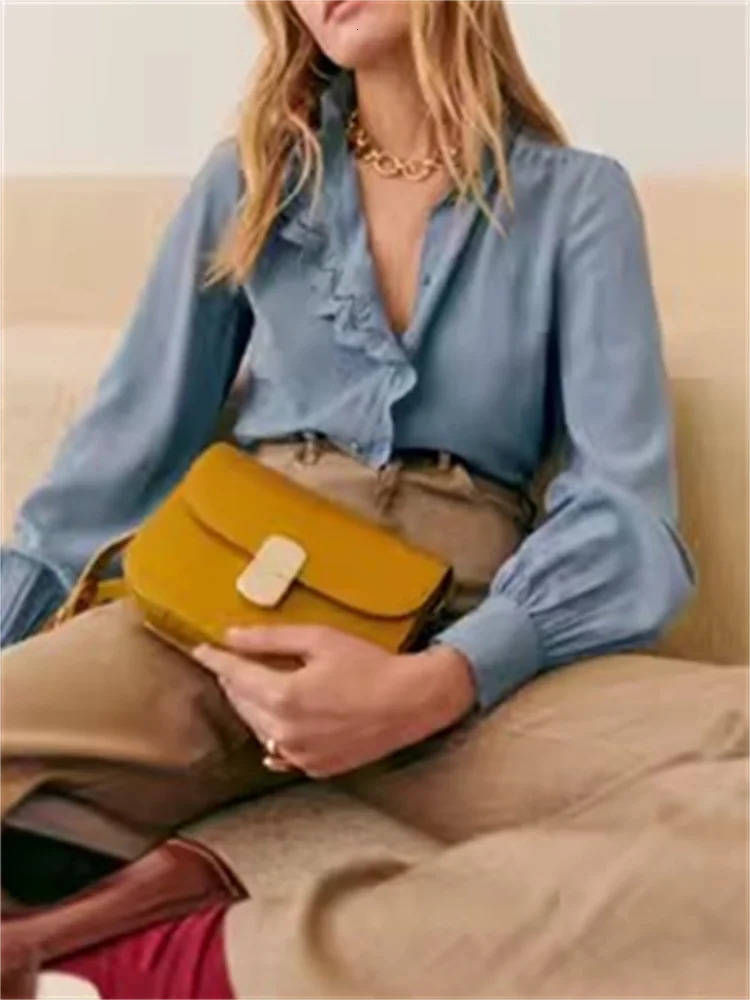 Women Embroidery Lace Trim French Blouse Stand Collar Ladies Single-Breasted Shirt and Tops 250409
