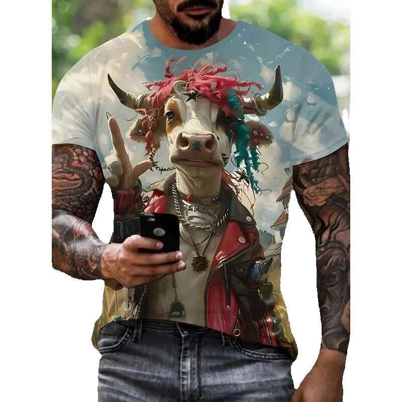 American men's 3D retro cow and sheep college T-shirt, summer street, short sleeved, round neck, Y-ADT T-shirt