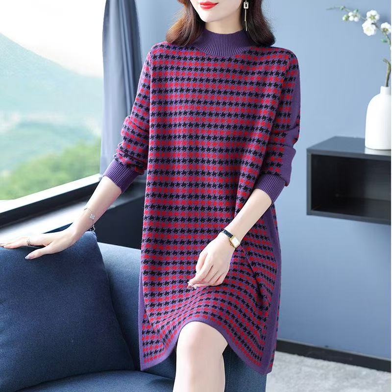 plus size women's new long sleeve high waist printed banquet dress mid-length skirt D02818