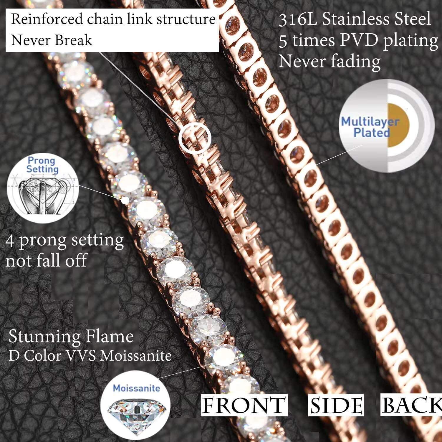 Low Price Waterproof Non Rusting Non Fading Antiallergic Durable Classic VVS Moissanite Tennis Chain Swimming Summer Jewelry
