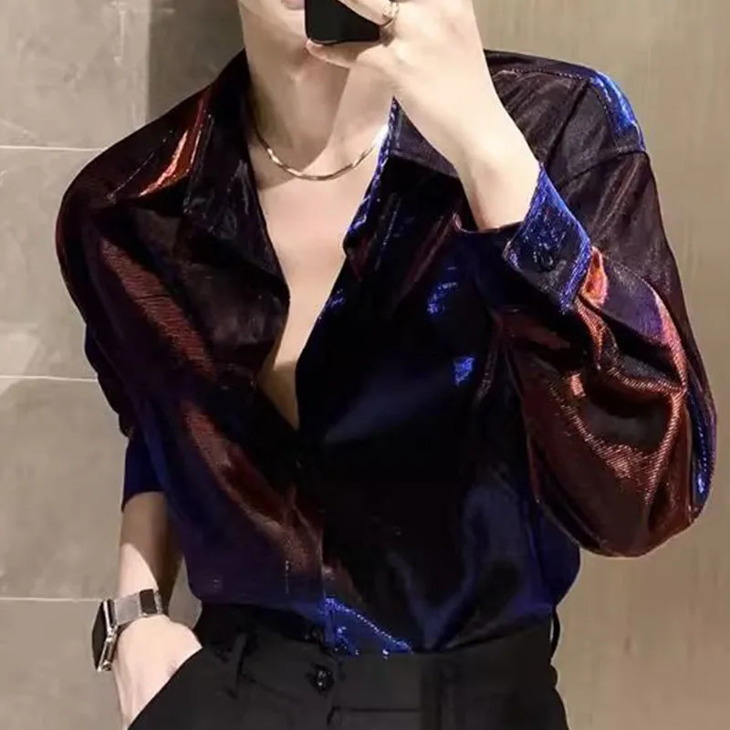 Autumn KPOP Fashion Style Harajuku Slim Fit Ropa Hombre Loose Casual All Match Shirt Square Neck Button Long Sleeve Blusa 250408