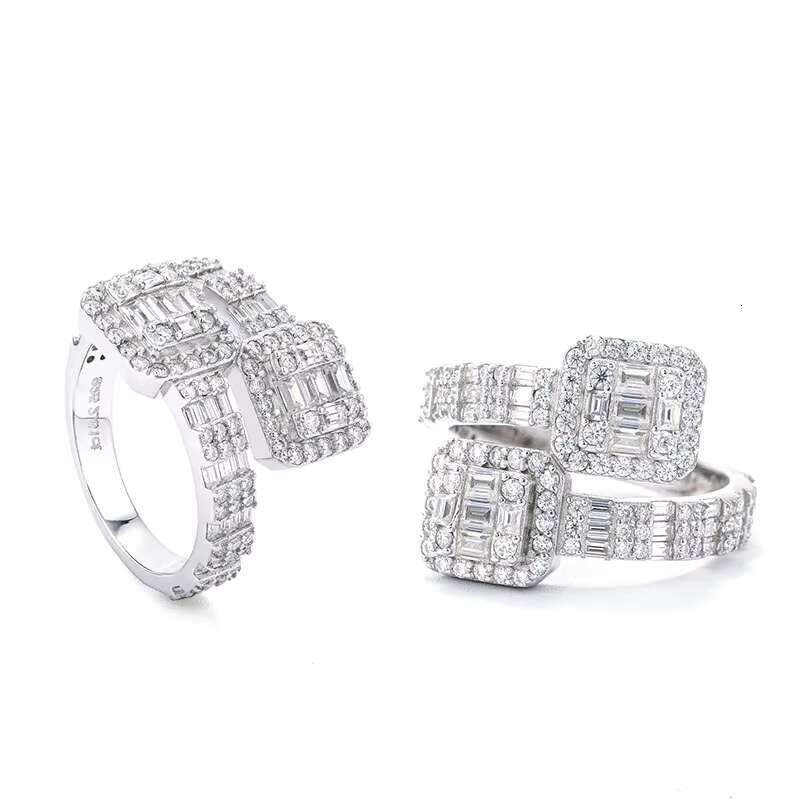 Ladder square Sterling Silver Inlaid Moissanite Diamond Ring Hip Hop High-end Jewelry Mens Ring