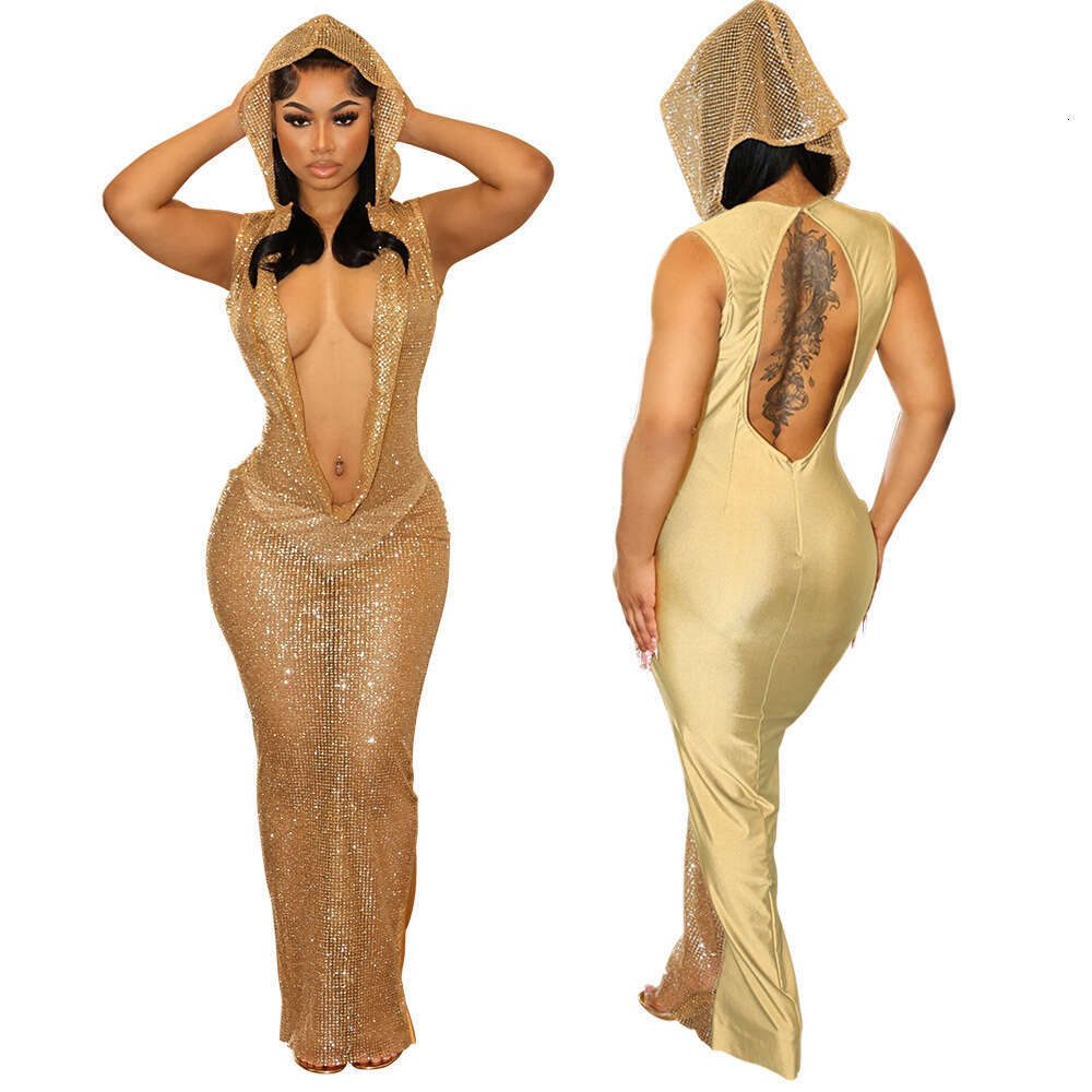 Sexy Deep V Sheer Sequin Long Night club dress Foreign Trade New Women's Style SEXY DRESSES FOR WOMEN
